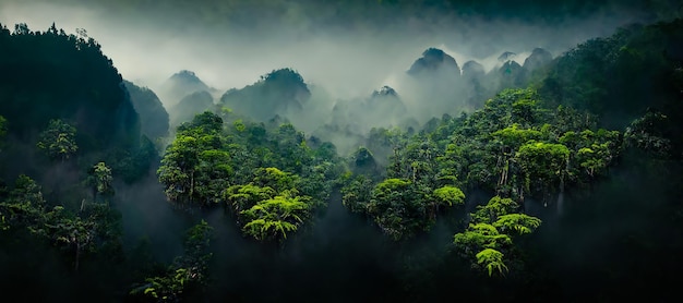 Exotisch mistig bos Jungle panorama bos oase Mistig donker bos Natuurlijk boslandschap 3D illustratie