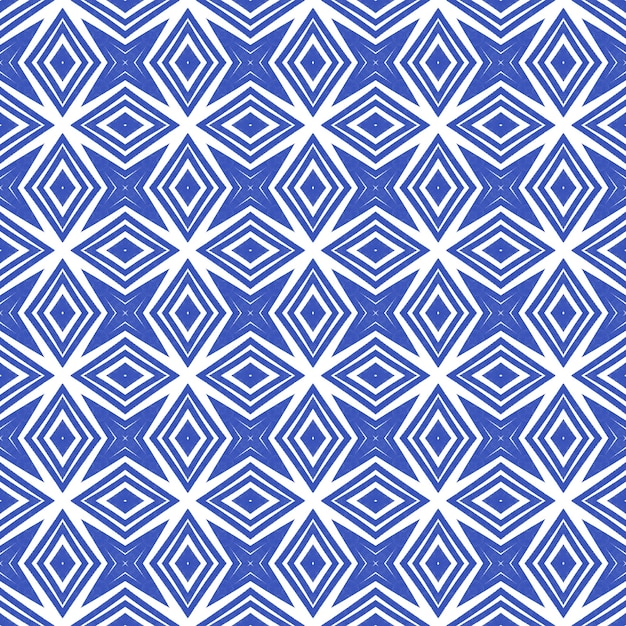 Exotisch naadloos patroon. Indigo symmetrische caleidoscoop achtergrond. Textiel klaar hypnotiserende print, badmode stof, behang, inwikkeling. Zomer badmode exotisch naadloos ontwerp.