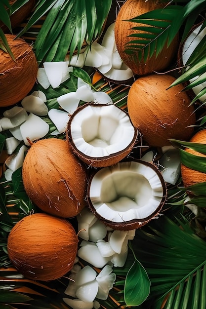 Foto exotisch paradijs continu gevormde kokosnoot plakjes bladeren en bloemen