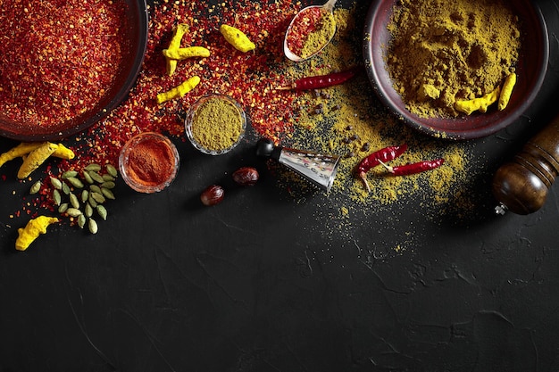 Exotisch Spice Mix - specerijen, kruiden, poeder bovenaanzicht over donkere achtergrond. Koken en pittig eten concept. Ruimte kopiëren. Plat leggen. Stilleven