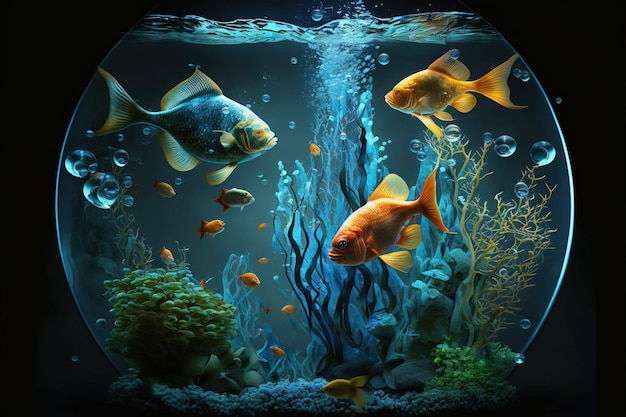 Exotische kleine vissen in een aquarium met koralen en algen in blauw water op een donker gewonnen AI gegenereerd