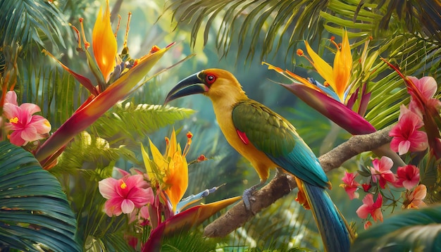 Exotische kleurrijke tropische vogel op achtergrond van bladeren en bloemen