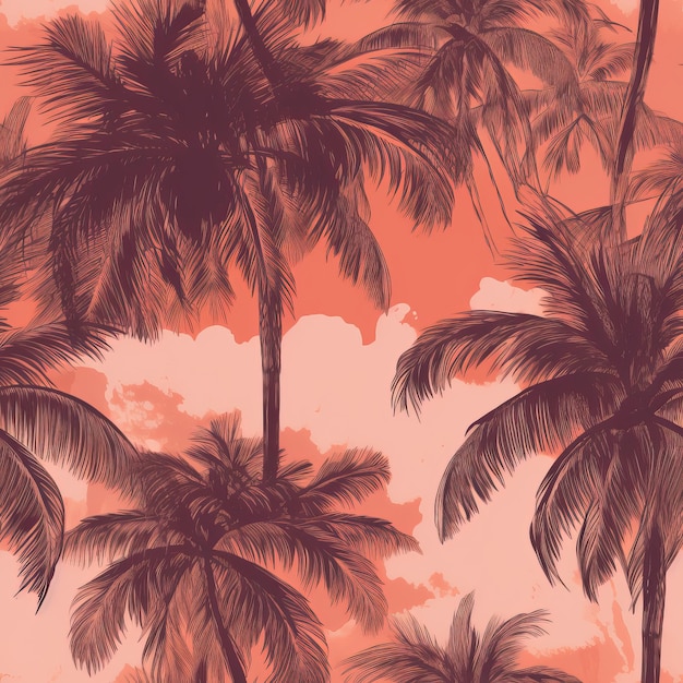 Exotische palmboom tekenend op een trendy handgetekende achtergrond als een naadloze patroon AI-generatie