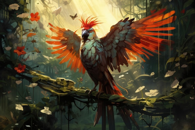 Exotische paradijsvogel in de tropische jungle Illustratie Generatieve AI