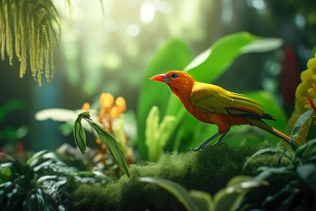 Exotische vogel in tropisch woud helder dier in jungle close-up generatieve AI