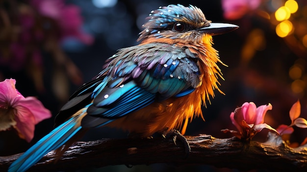 exotische vogel met kleurrijke veren zittend op een tak verlicht licht magnifiek