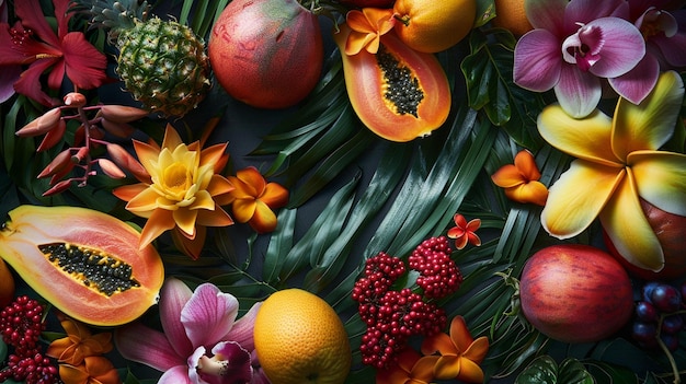 Foto exotische vruchten en tropische bloemen op tafel