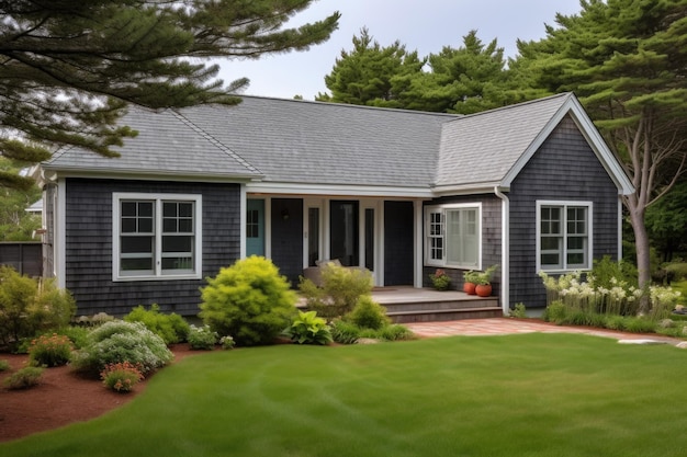 Expanded cape cod house with a slate grey roof