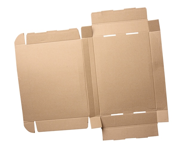 Photo expanded template of brown rectangular corrugated cardboard box, box with lid isolated on white