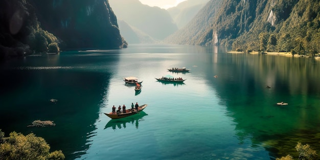 An expansive aerial view of a serene lake surrounded by lush mountains with crystalclear water reflecting the surrounding landscape and small boats gently gliding across the surfaceGenerative AI