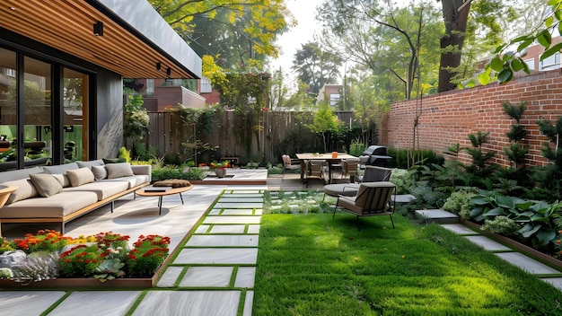 Expansive backyard featuring garden and patio ideal for outdoor dining and relaxation Concept Backyard Oasis Outdoor Dining Area Garden Sanctuary Patio Retreat Relaxing Outdoor Space