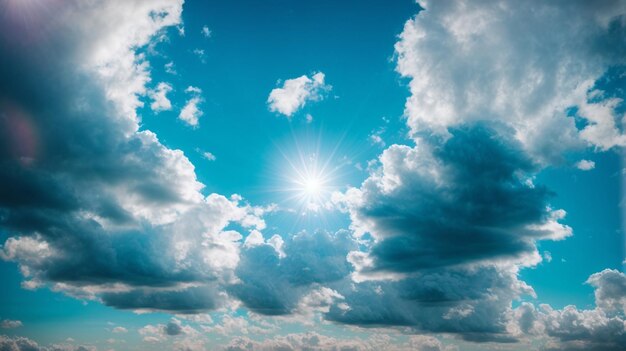 An expansive blue sky adorned with fluffy clouds and a radiant sun created with the imaginative