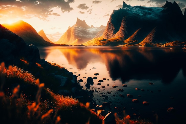 An expansive and breathtaking view of a Nordic fjord captured during the golden hour