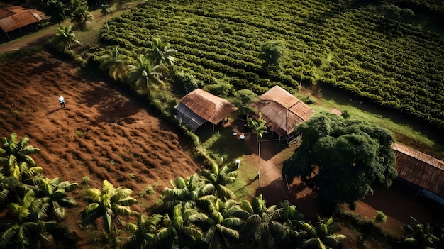 An expansive cocoa plantation during harvest captured from the sky