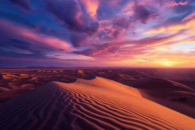 Un vasto paesaggio desertico al tramonto colori vividi nel cielo risplendenti