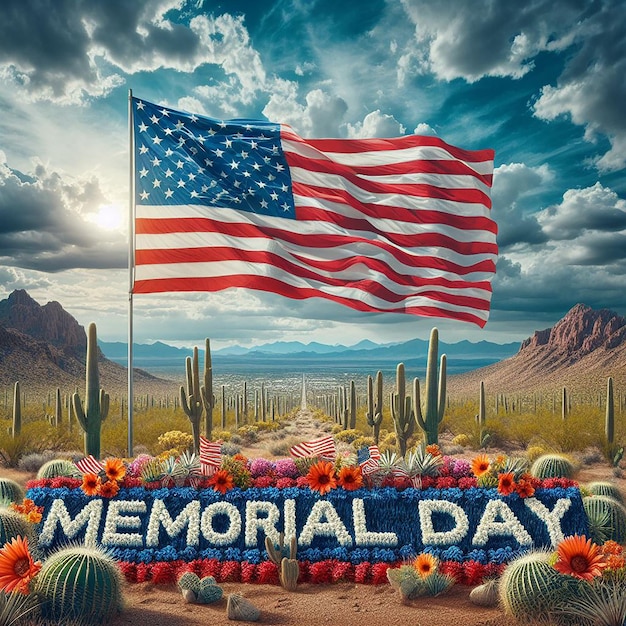 Expansive desert stars and stripes Memorial Day spelled in cacti and flowers