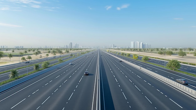 Expansive highway with sparse traffic in city outskirts