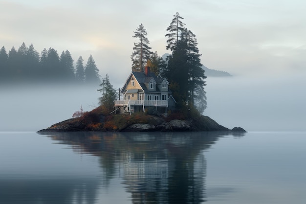 Foto isola di casa espansiva lago nebbioso generate ai