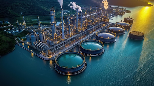 An expansive industrial oil refinery complex comes to life with glowing lights at sunset
