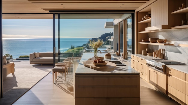 Foto una cucina ampia con elettrodomestici moderni e una grande isola con vista sul vasto oceano attraverso fl