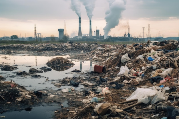 The expansive landfill stretches alongside the river with towering piles of garbage juxtaposed again