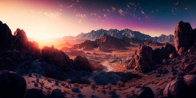 Expansive panorama of a mountain range at dawn Generative AI