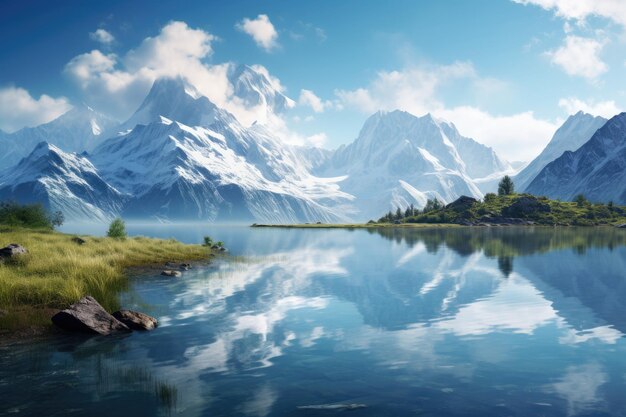 Обширный панорамный снимок спокойного озера, окруженного величественными горами.