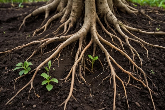 Photo expansive tree roots in rich forest soil