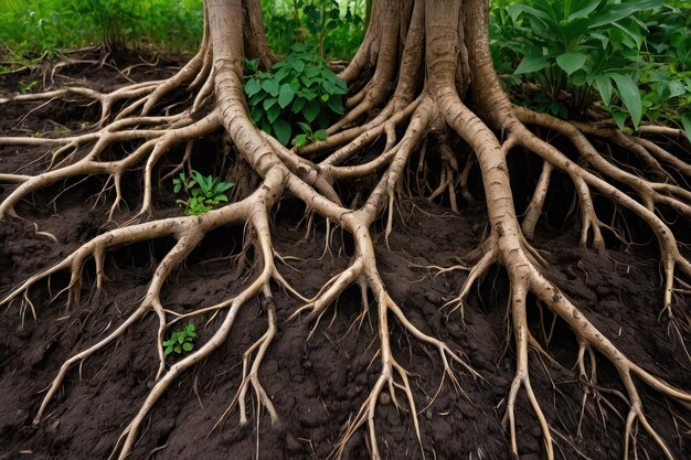 Расширенные корни деревьев в богатой лесной почве