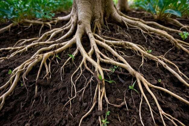 豊かな森の土に広がる木の根
