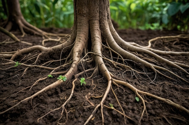 Foto radici espansive degli alberi nel fertile suolo della foresta