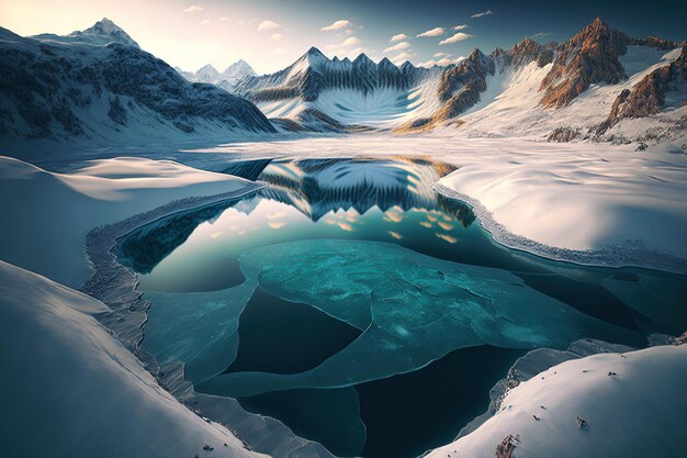 An expansive view of a crystal clear frozen lake surrounded by high terrain