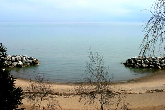 Photo expansive view overlooking lakefront with beach