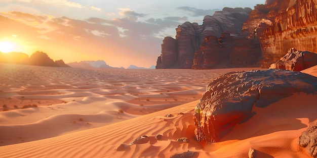 Фото Расширенная пустыня вади-рум в иордании, рассеянная песчаными дюнами и скалами концепция пустыни вади-rum песчаные дюны скалистые образования иордания пейзажи засушливая пустыня
