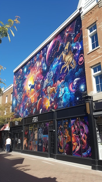 Expansive zodiac and spacethemed mural on building facade