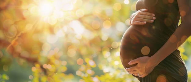 Expectant mother tenderly cradling her belly in the golden light of a setting sun