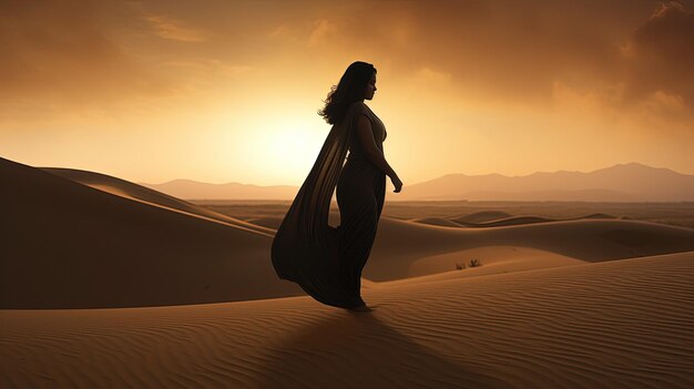 Expecting female figure trekking across sand hills silhouette concept