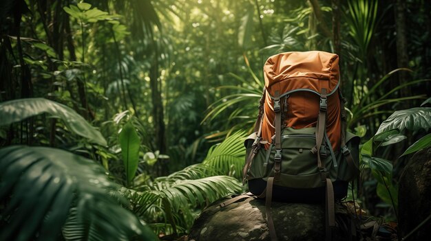 expeditie rugzak staat in exotisch oerwoud bos