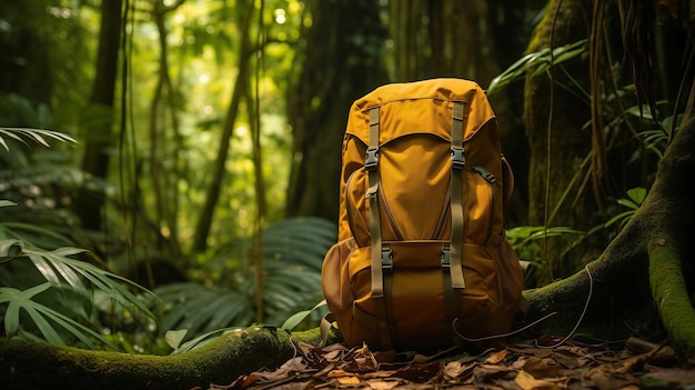 expeditie rugzak staat in exotisch oerwoud bos