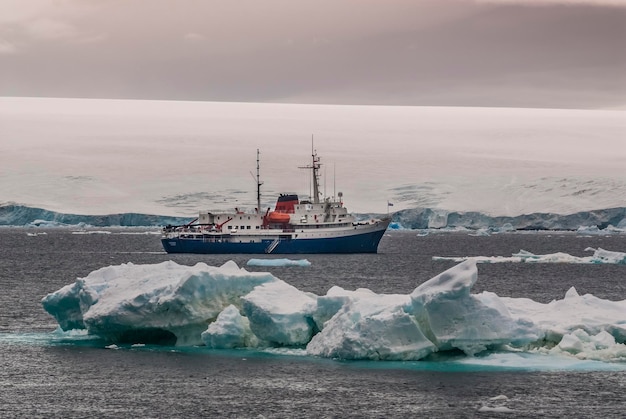 Expedition ship cruise in Antarctic landscape Paulet island near the Antarctic Peninsula