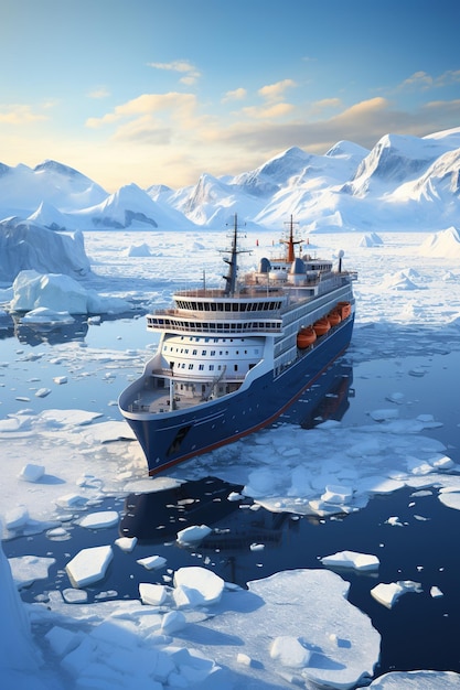 Expeditions in the antarctic big cruise ship in the antarctic waters ai generative