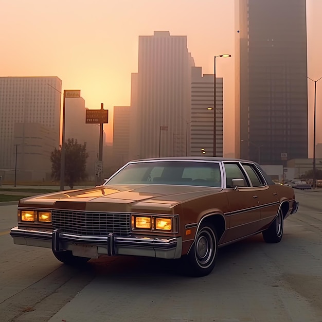 Expensieve retro auto in 70s stijl op de stadsstraat met oranje lucht