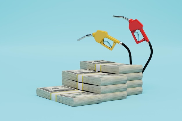Photo expensive fuel at gas stations refueling pistols and dollar packers on a blue background 3d render