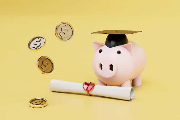 Expensive higher education piggy bank with dollars in a hat\
with a master\'s degree 3d render