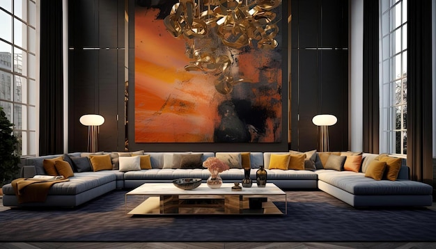 an expensive luxury living room with an oversize sized painting