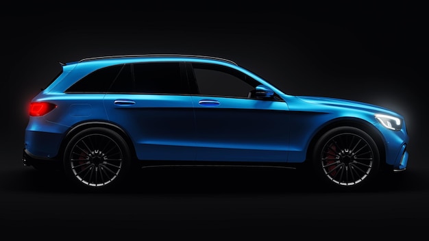 고가의 초고속 스포츠 SUV 자동차는 고속도로의 도시와 경마장에서 검은색 격리된 배경 3d 렌더링에 있는 파란색 자동차의 3D 모델에서 흥미진진한 운전을 할 수 있습니다.
