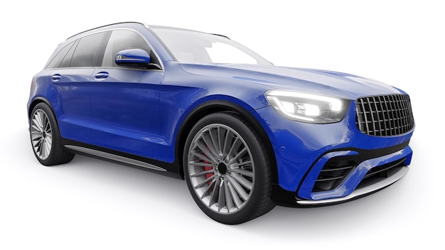An expensive ultrafast sports SUV car for exciting driving in the city on the highway and on the race track 3D model of a blue car on a white isolated background 3d rendering