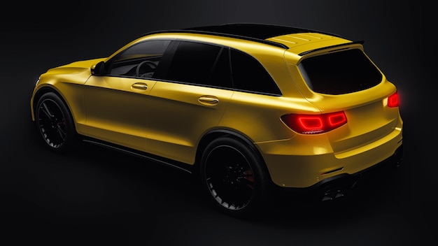 An expensive ultrafast sports SUV car for exciting driving in the city on the highway and on the race track 3D model of a gold car on a black isolated background 3d rendering