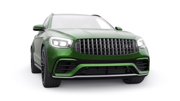 An expensive ultrafast sports SUV car for exciting driving in the city on the highway and on the race track 3D model of a green car on a white isolated background 3d rendering