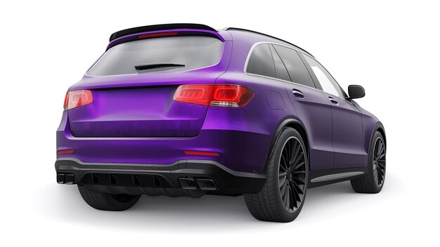 An expensive ultrafast sports SUV car for exciting driving in the city on the highway and on the race track 3D model of a purple car on a white isolated background 3d rendering